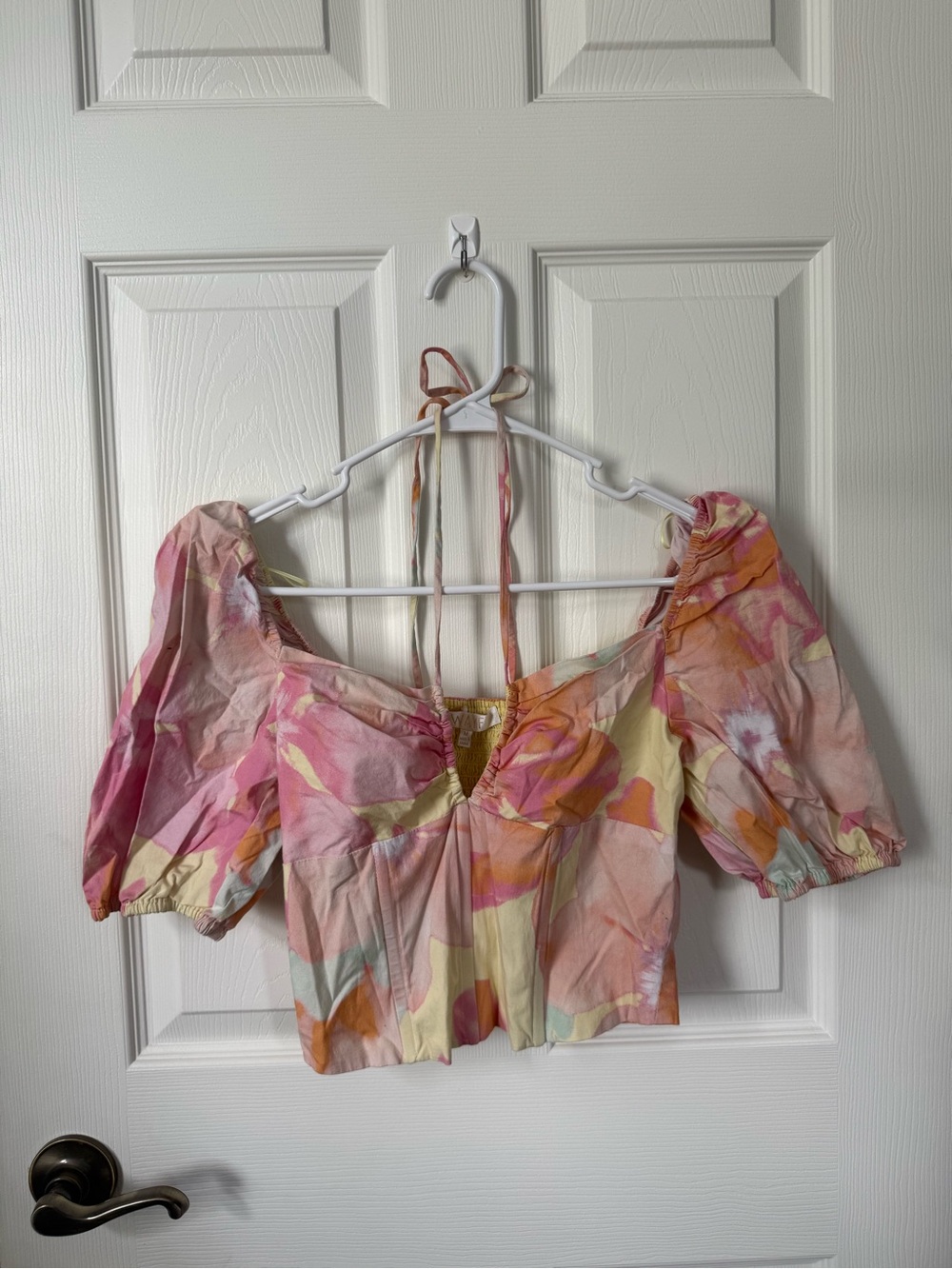 Wayf Pink & Yellow Floral Tie-Back Flutter Crop Top